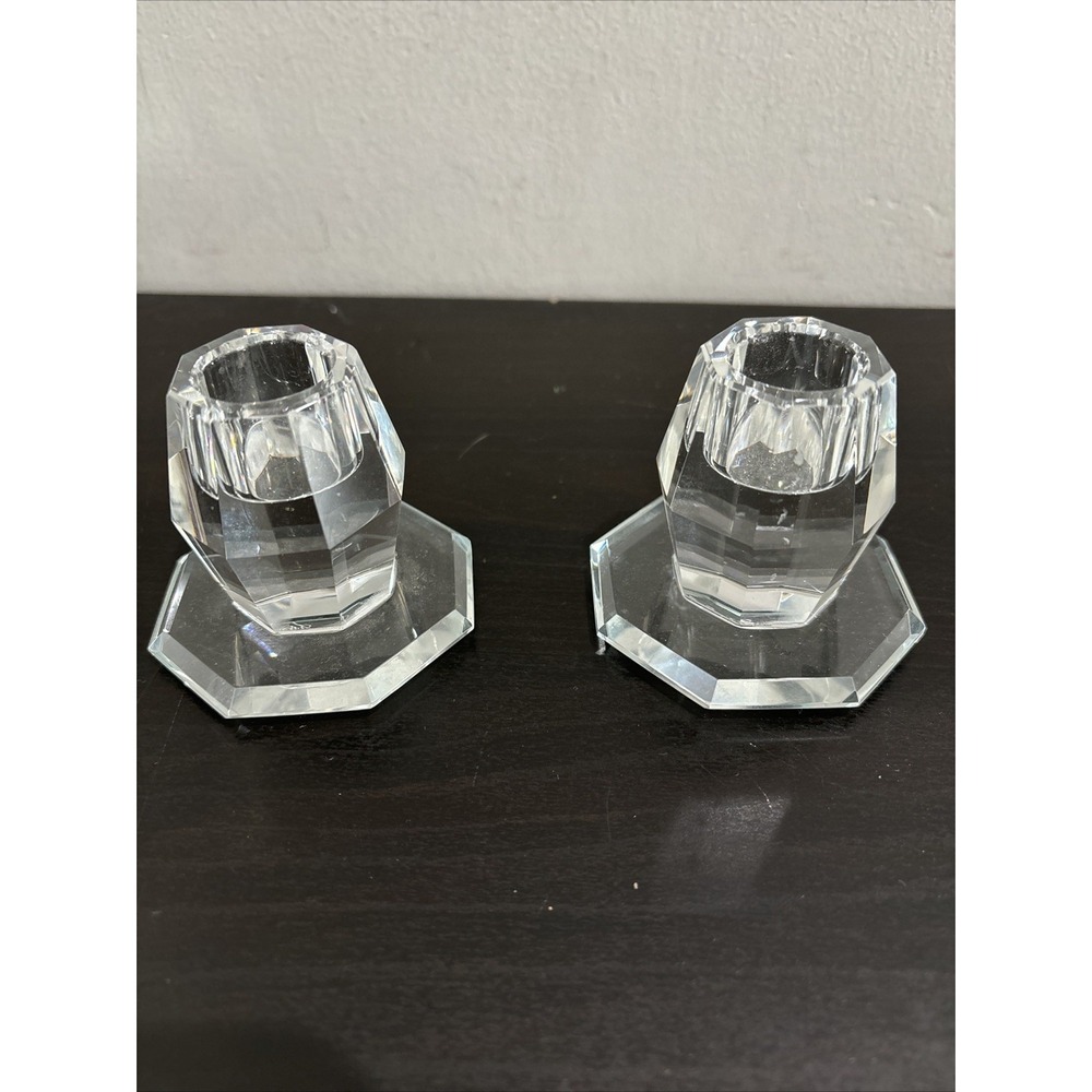 Signed Oleg Cassini Set of 2 Crystal Candle Holders Clear Hexagon